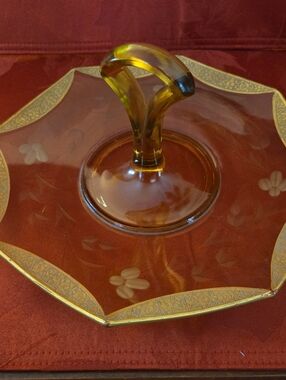 Tiffin Rambler Rose Amber Depression Glass Tid-bit Tray with Gold Trim